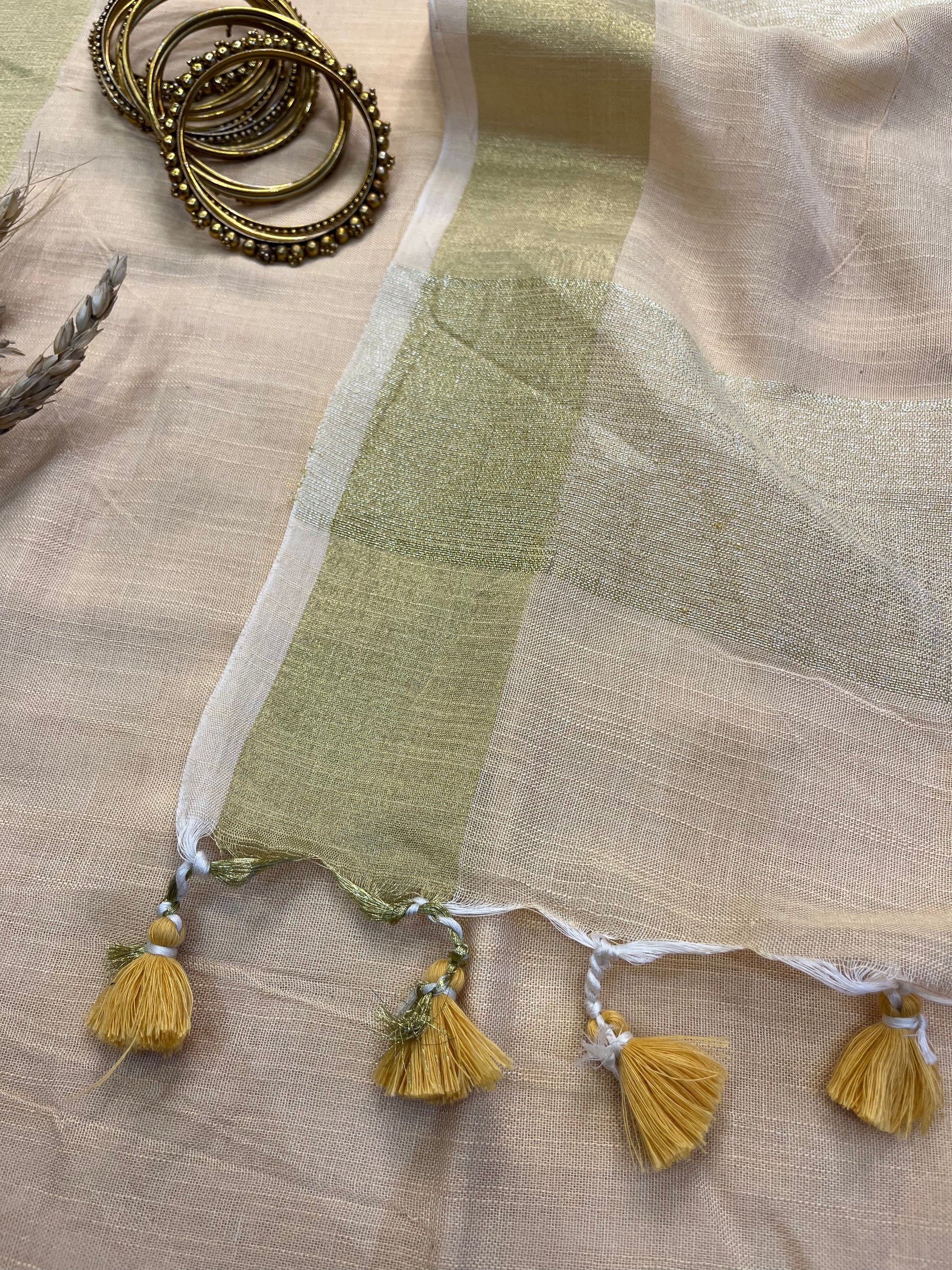 Beige and Gold Rhapsody Linen Saree - WEVOW