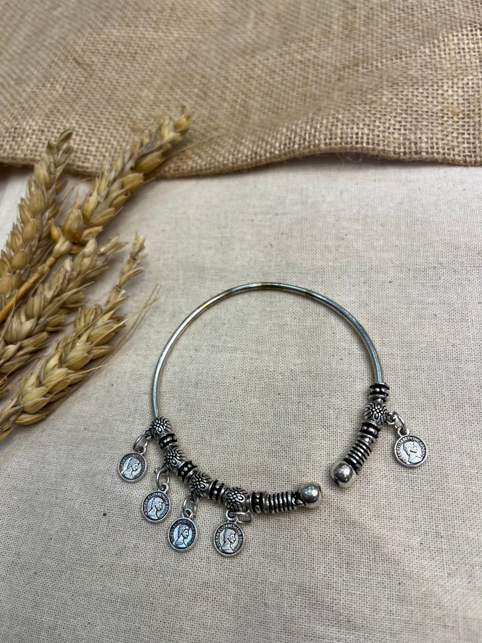 Oxidised Silver Open Cuff Bangle with Disc Charms - WEVOW