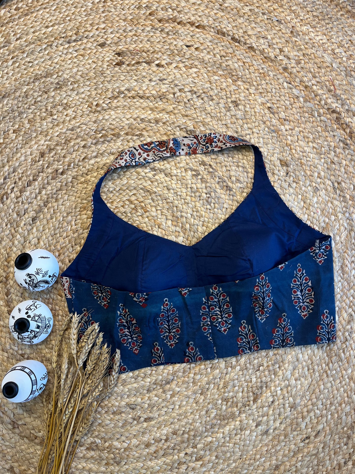 Elegant Ajrakh Indigo Halter neck Blouse with Artistic Prints - WEVOW