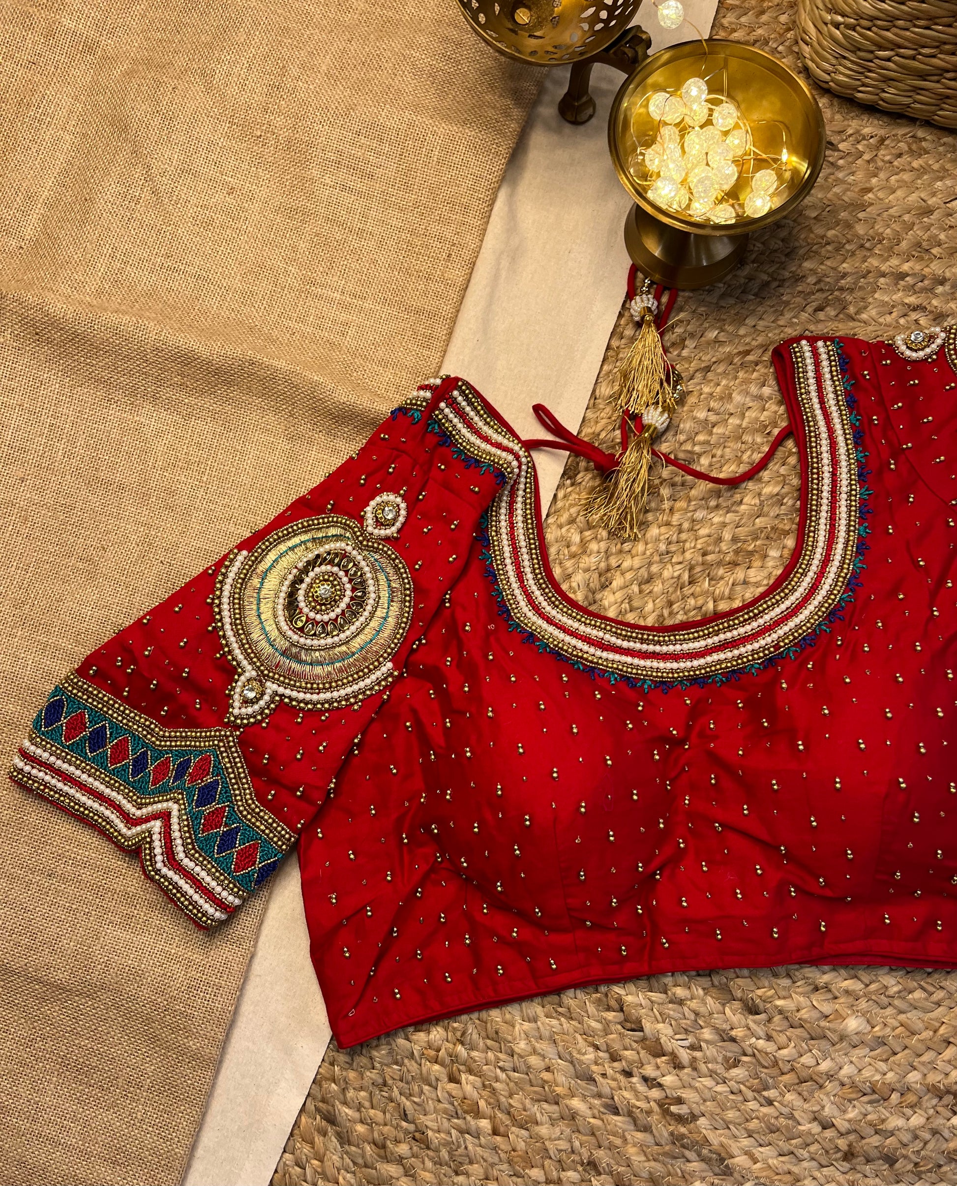 Artisan Ruby Red Bridal Blouse with Beaded Detailing - WEVOW