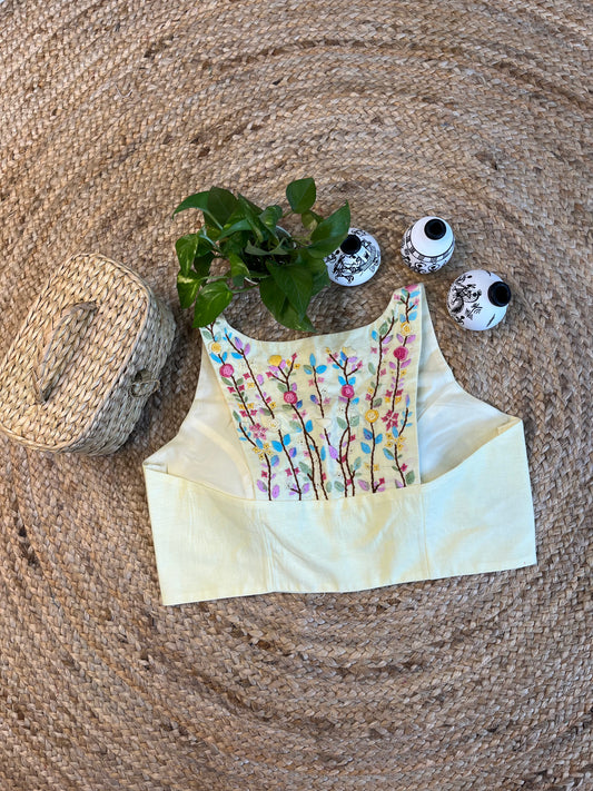 Cotton Pure cotton thread work sleeveless blouse in pale yellow