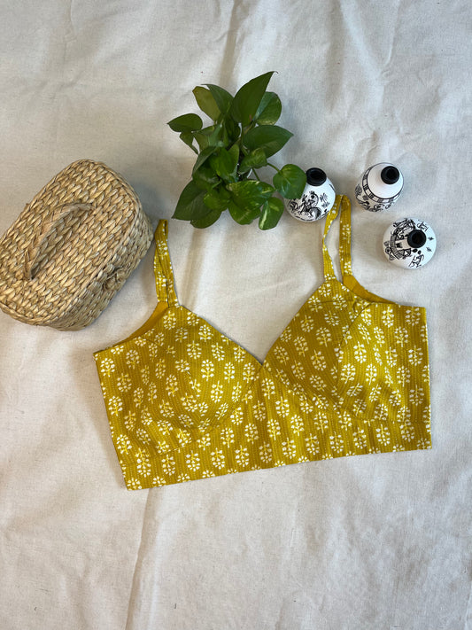 Cotton Bold Ajrakh print cotton strappy blouse  in Mustered yellow