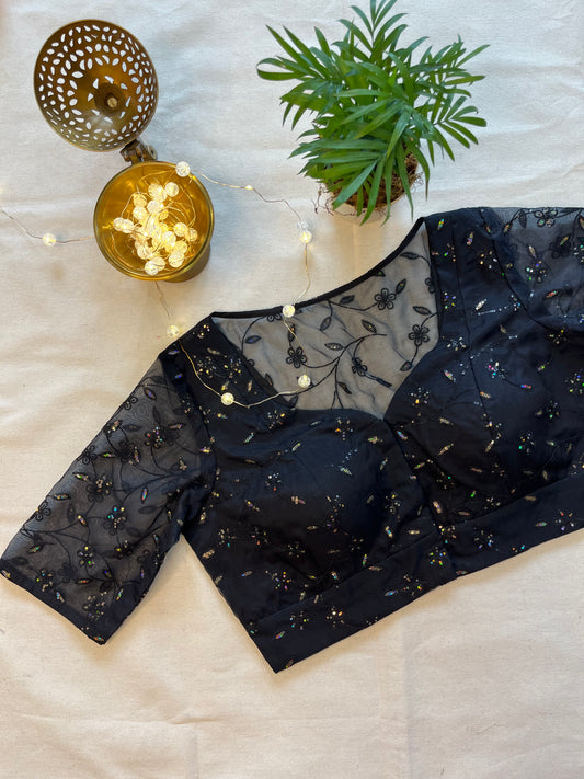 Midnight Black Organza Blouse with Exquisite Sequins Embroidery – Timeless Elegance