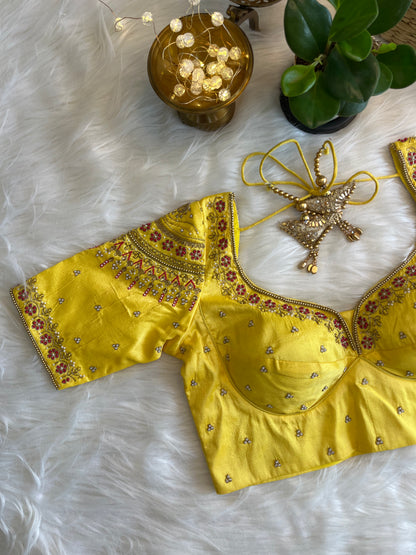 Yellow Bridal Zardozi Blouse - Radiant Raw Silk Fusion for a Glorious Wedding Look