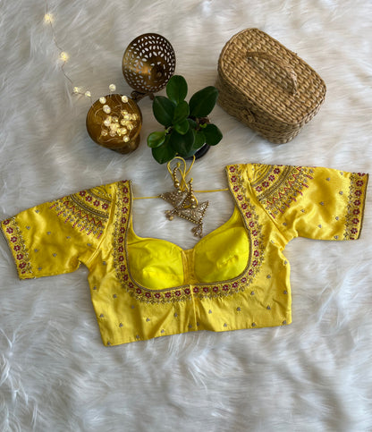 Yellow Bridal Zardozi Blouse - Radiant Raw Silk Fusion for a Glorious Wedding Look