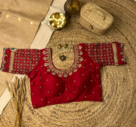 Cherry Red Bridal Blouse with Intricate Handwork - WEVOW