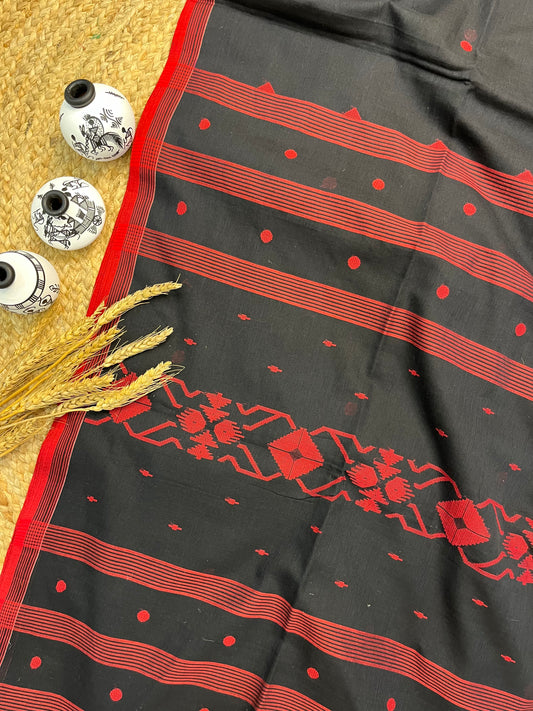 Elegant Black Saree with Red Buta all over in the Saree - WEVOW