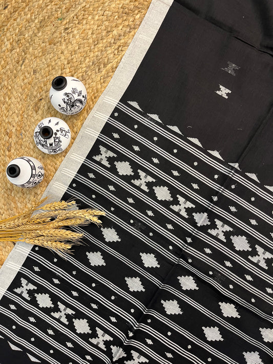 Elegant Black and White Handwoven Cotton Saree with Geometric Patterns - WEVOW