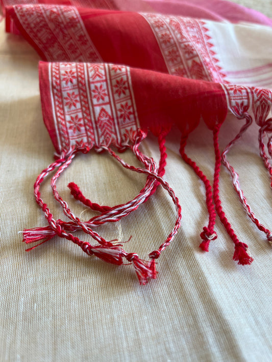 Red and Beige Cotton Saree - WEVOW